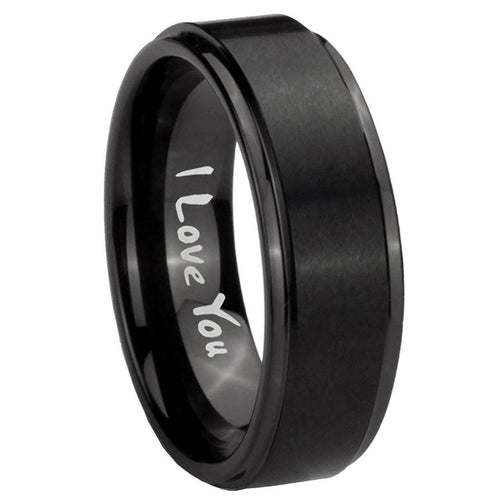 10mm I Love You Step Edges Brush Black Tungsten Carbide Wedding Engraving Ring