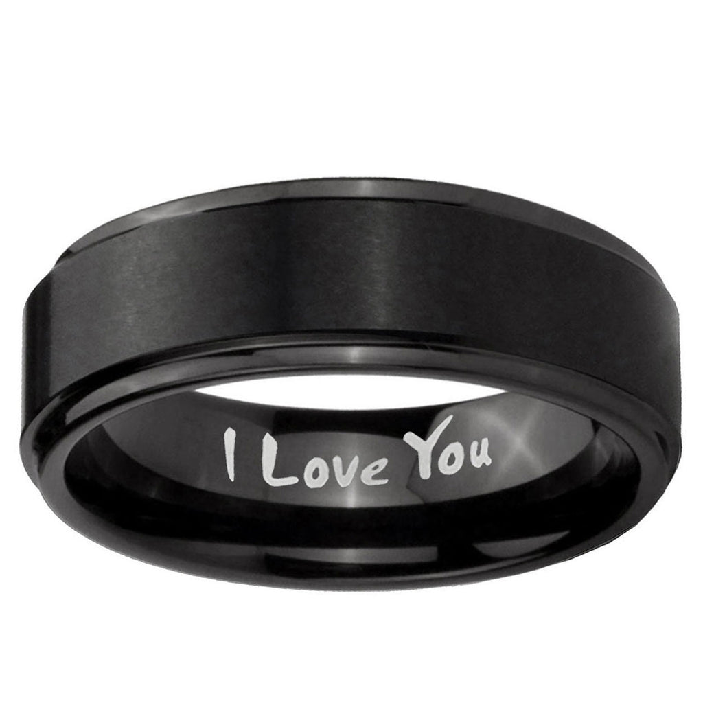 5mm I Love You Step Edges Brush Black Tungsten Mens Ring