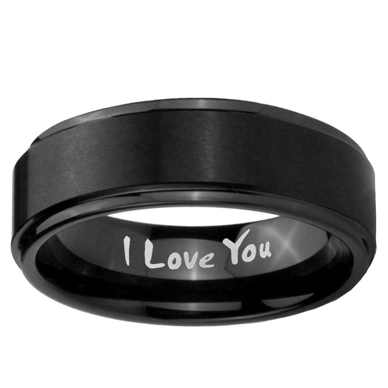 5mm I Love You Step Edges Brush Black Tungsten Mens Ring