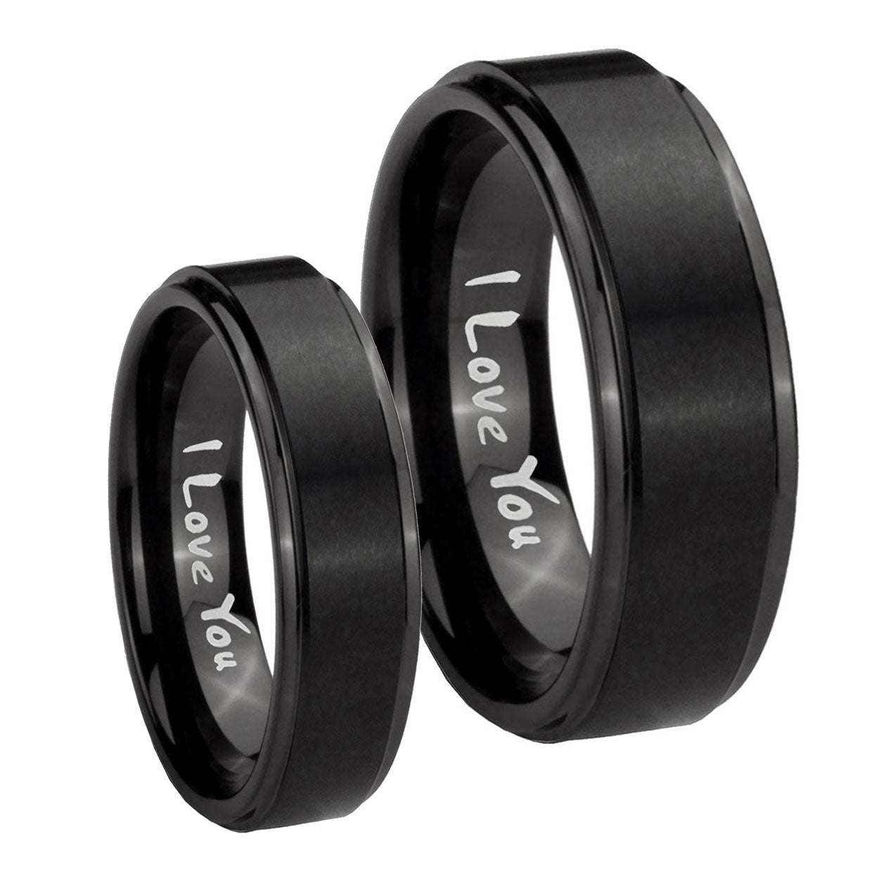 I Love You Step Edges Brush Black Tungsten Mens Set Ring