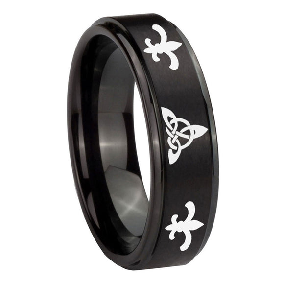 8mm-Celtic-Triangle-Fleur-De-Lis-Step-Edges-Brush-Black-Tungsten-Promise-Ring