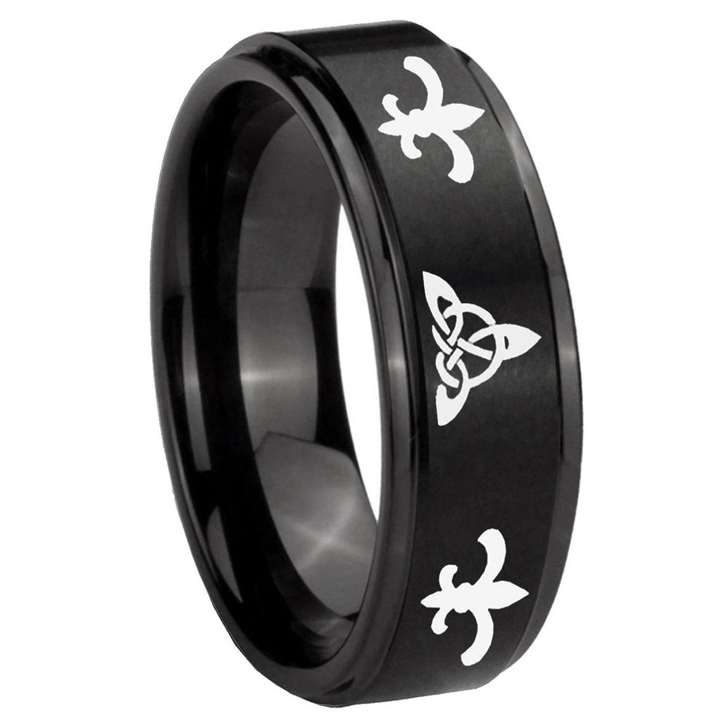 8mm Celtic Triangle Fleur-De-Lis Step Edge Black Tungsten Ring