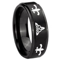 8mm Celtic Triangle Fleur-De-Lis Step Edge Black Tungsten Ring