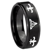10mm Celtic Triangle Fleur Delis Step Edges Brush Black Tungsten Engraved Ring