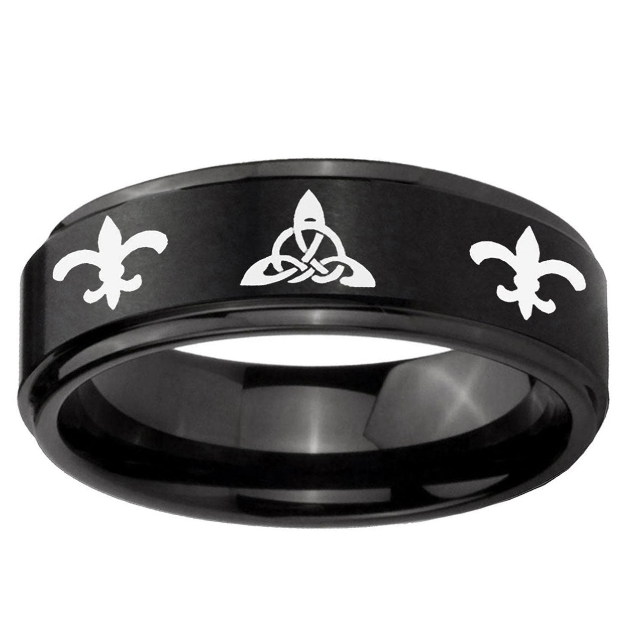 10mm Celtic Triangle Fleur-De-Lis Step Edge Brush Black Tungsten Engraved Ring