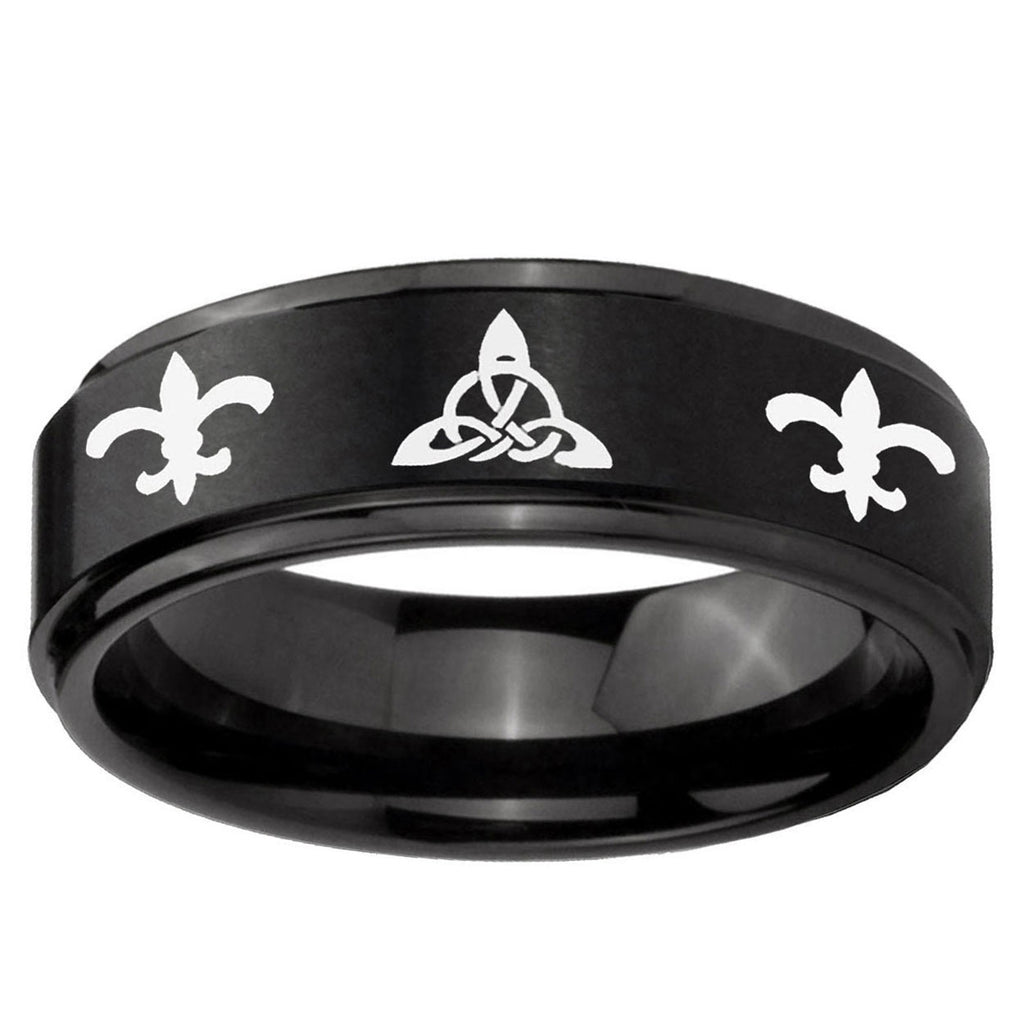 5mm Celtic Triangle Fleur-De-Lis Step Edge Black Tungsten Ring