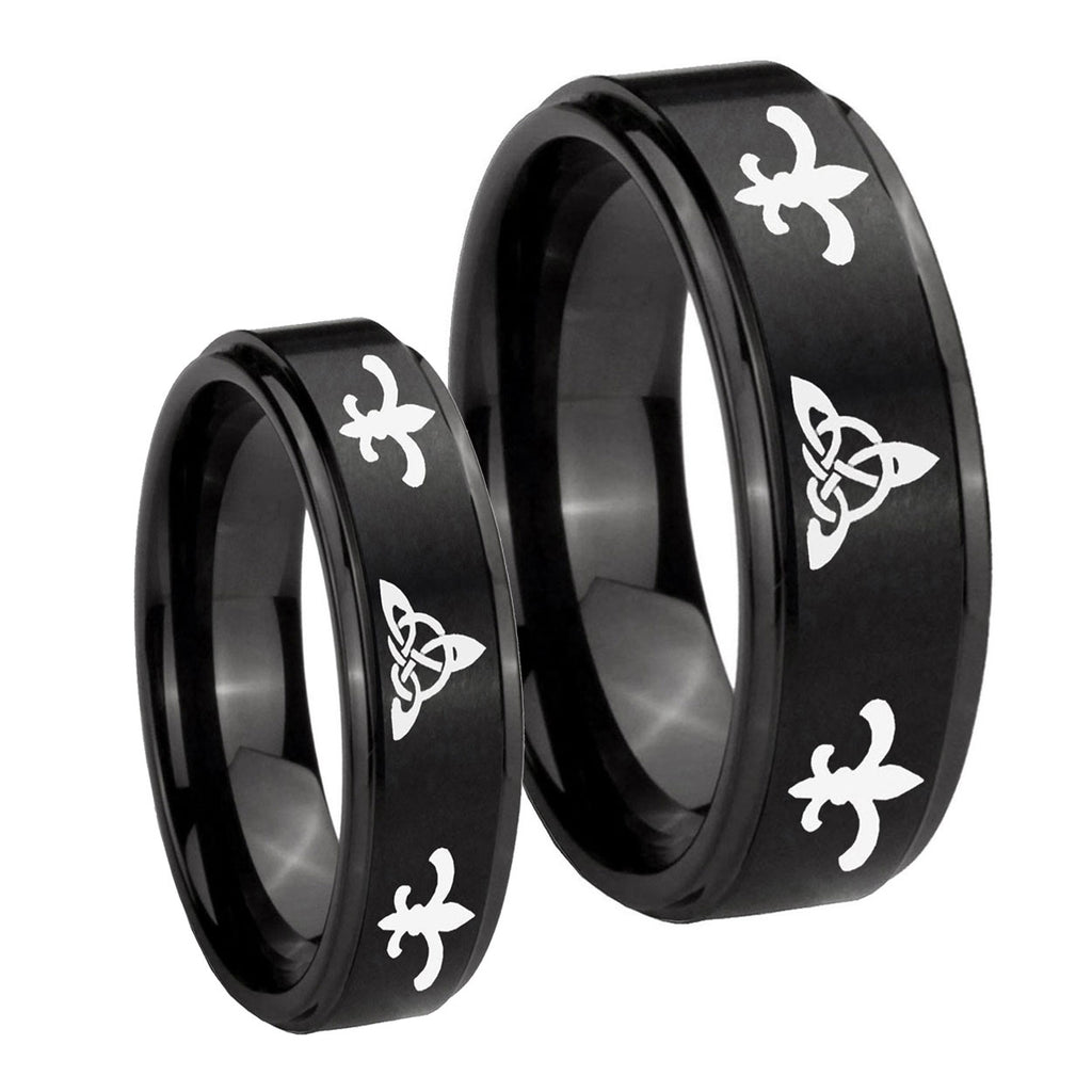 Celtic Triangle Fleur De Lis Step Edges Brush Black Tungsten Bridal Set Rings