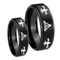 Celtic Triangle Fleur De Lis Step Edges Brush Black Tungsten Bridal Set Rings