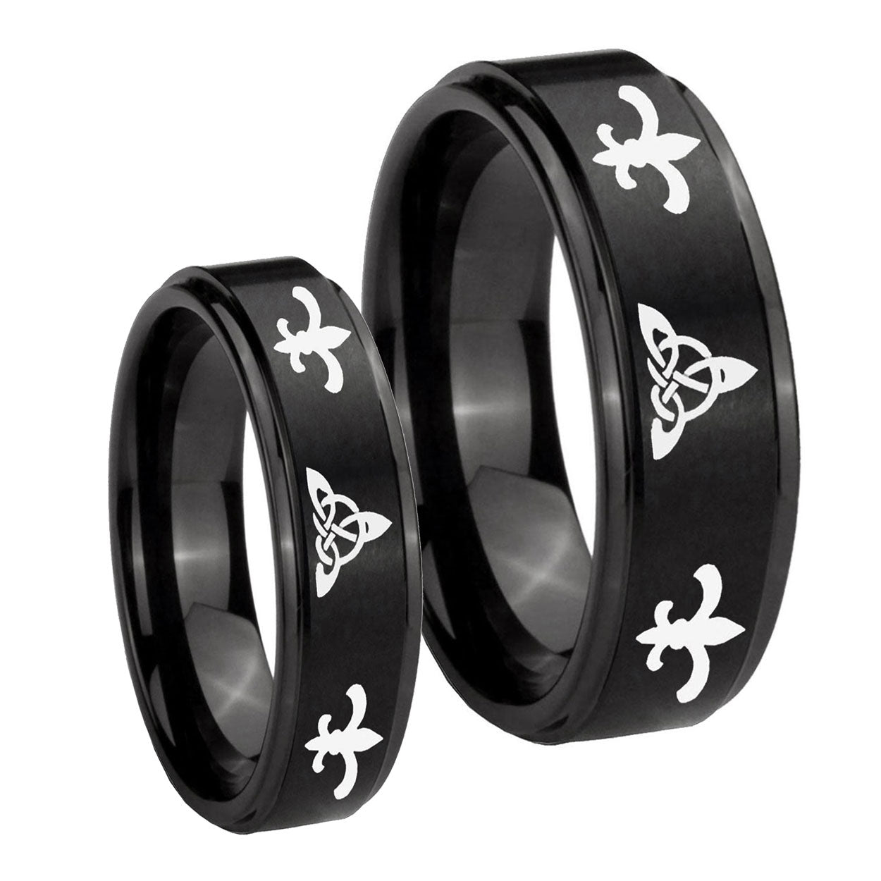 Celtic Triangle Fleur De Lis Step Edges Brush Black Tungsten Bridal Set Rings