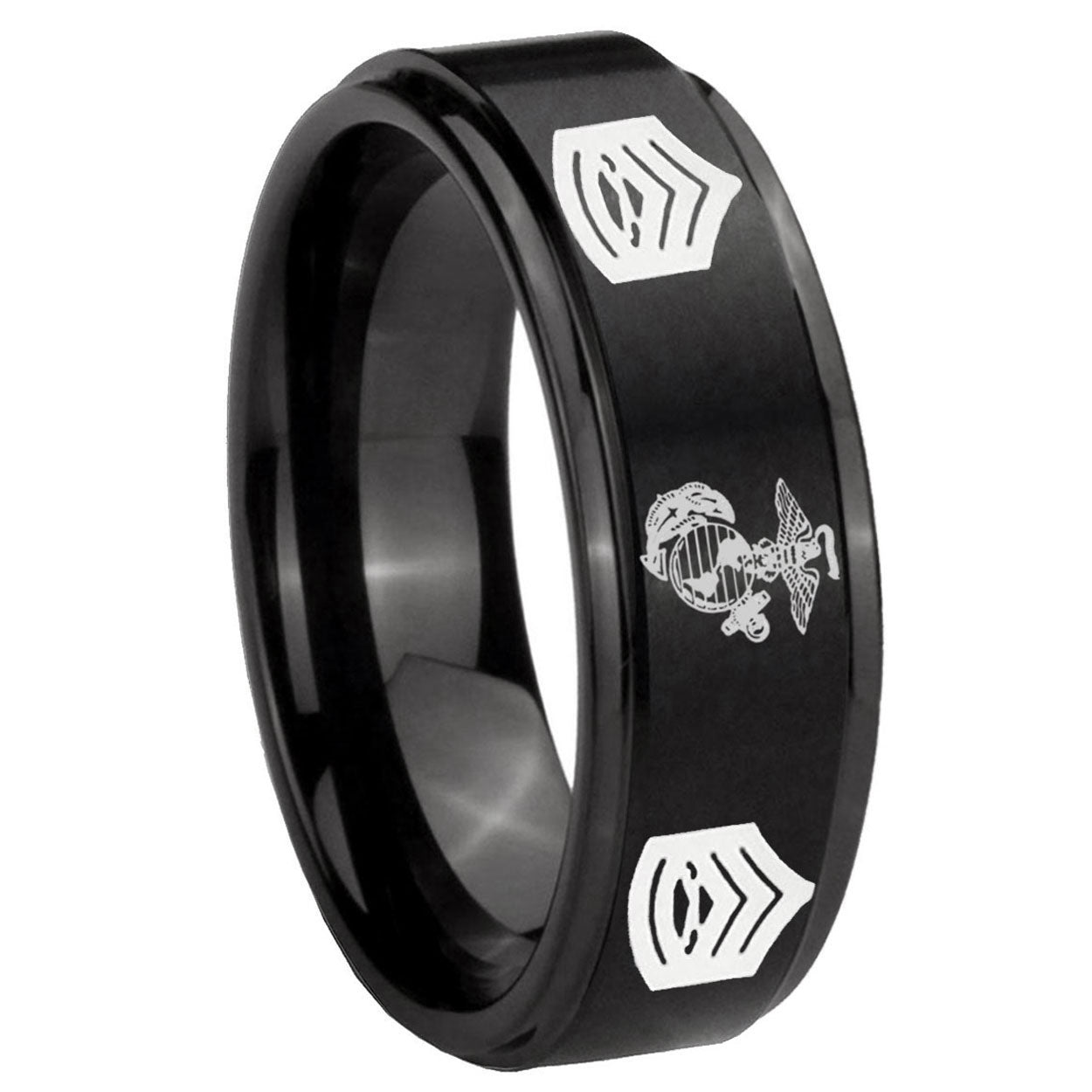 10mm Marine Army Sergeant Step Edges Brush Black Tungsten Carbide Mens Ring