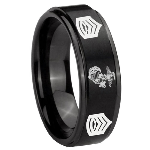 10mm Marine Army Sergeant Step Edges Brush Black Tungsten Carbide Mens Ring