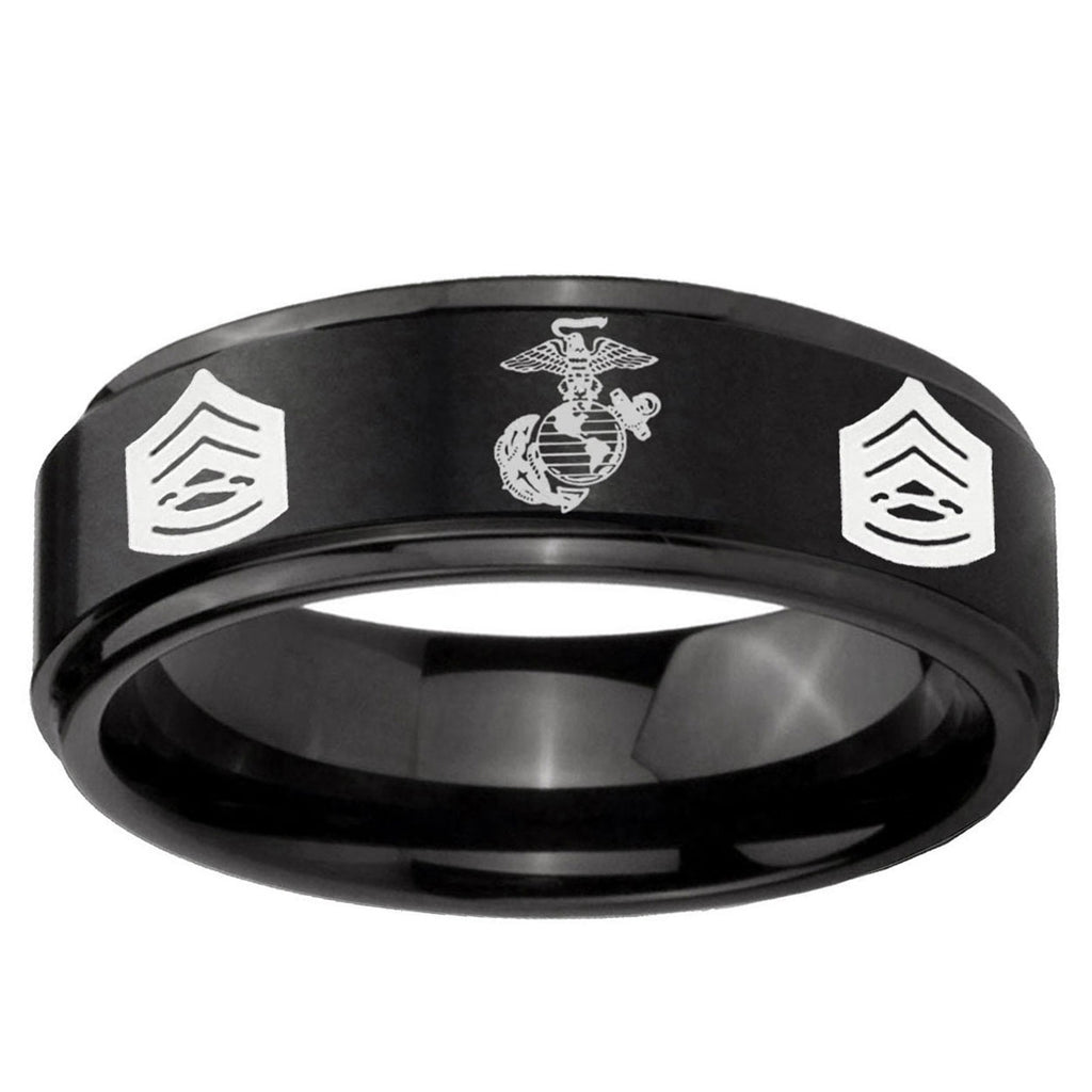 10mm Marine Army Sergeant Step Edge Brush Black Tungsten Carbide Mens Ring
