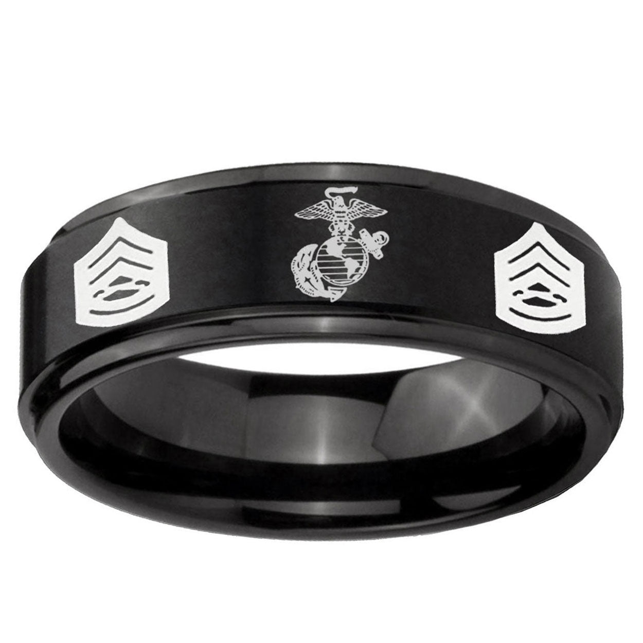10mm Marine Army Sergeant Step Edge Brush Black Tungsten Carbide Mens Ring