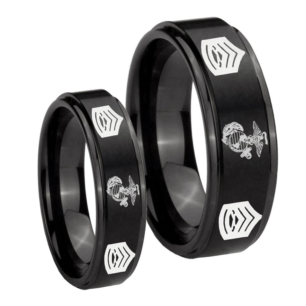 Marine Army Sergeant Step Edges Brush Black Tungsten Couple Band Set