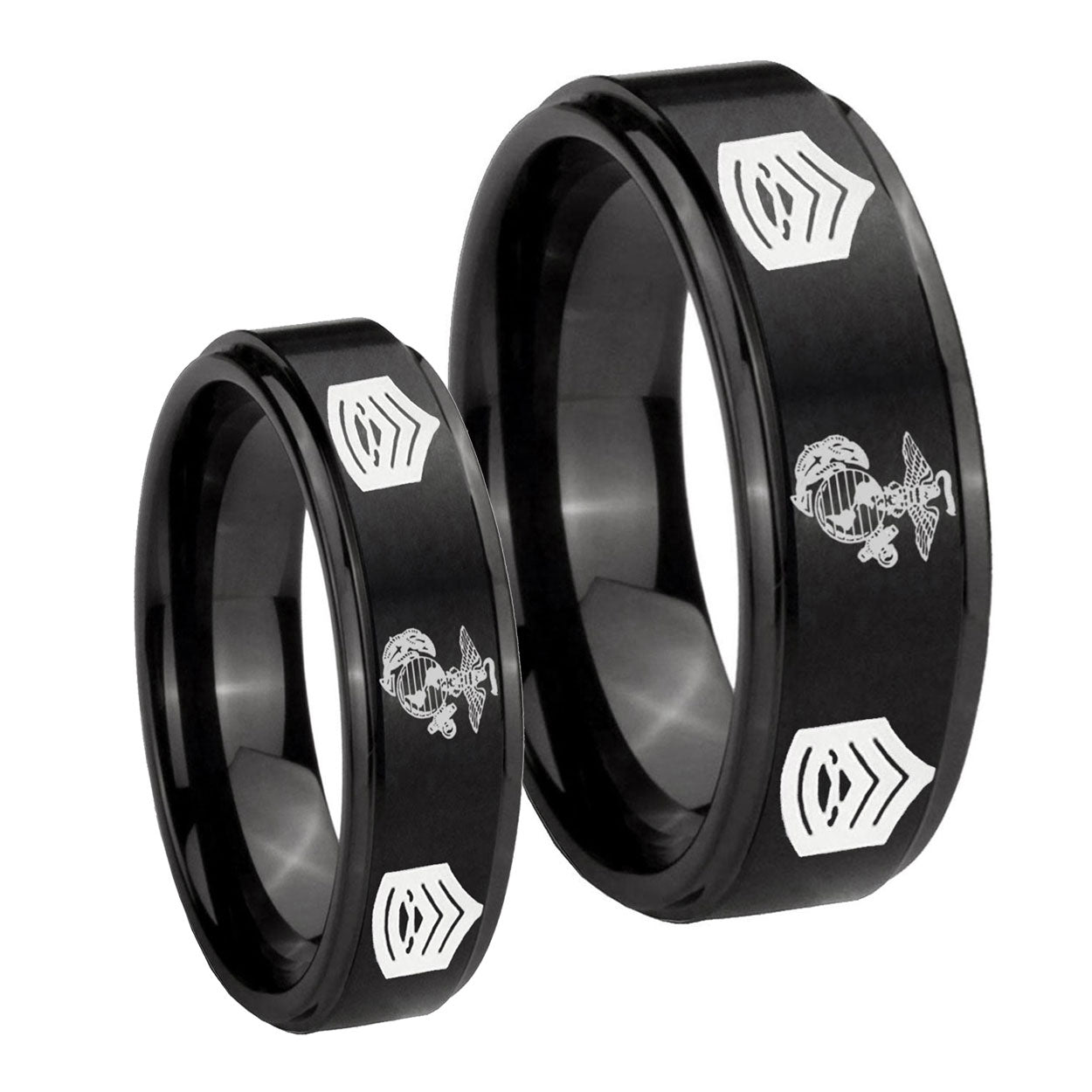 Marine Army Sergeant Step Edges Brush Black Tungsten Couple Band Set