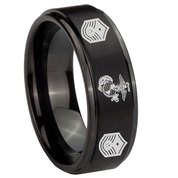 10mm-Marine-Chief-Master-Sergeant--Step-Edges-Brush-Black-Tungsten-Carbide-Men's-Ring