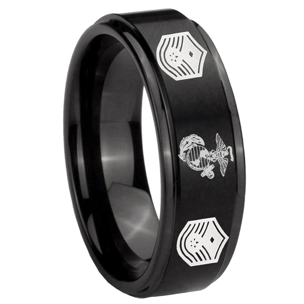 10mm Marine Chief Master Sergeant Step Edges Brush Black Tungsten Carbide Men's Ring