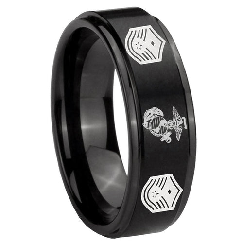 10mm Marine Chief Master Sergeant Step Edges Brush Black Tungsten Carbide Men's Ring