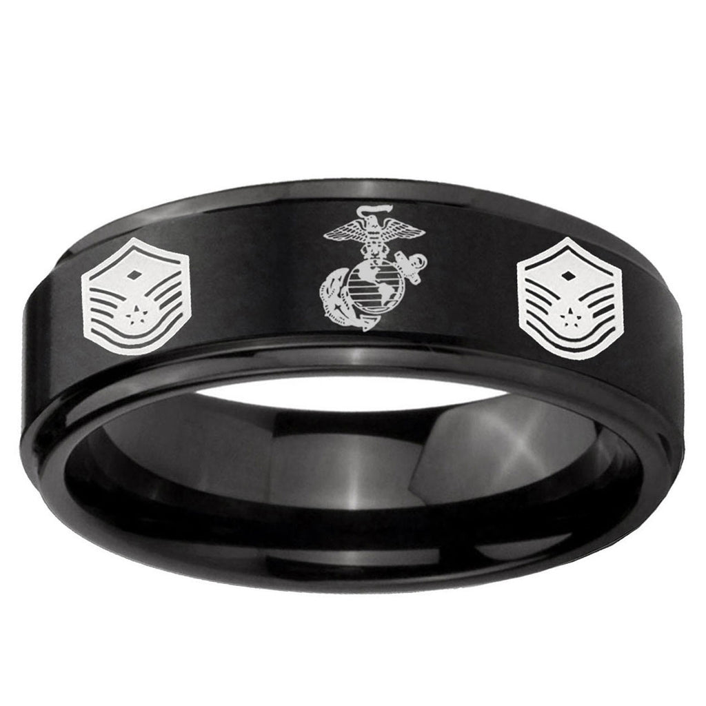 10mm Marine Chief Master Sergeant Step Edge Brush Black Tungsten Ring