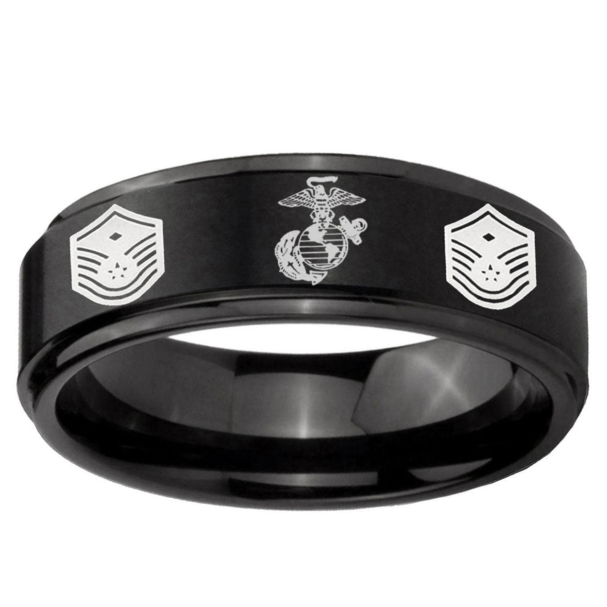 10mm Marine Chief Master Sergeant Step Edge Brush Black Tungsten Ring