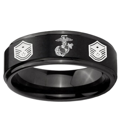 10mm Marine Chief Master Sergeant Step Edge Brush Black Tungsten Ring