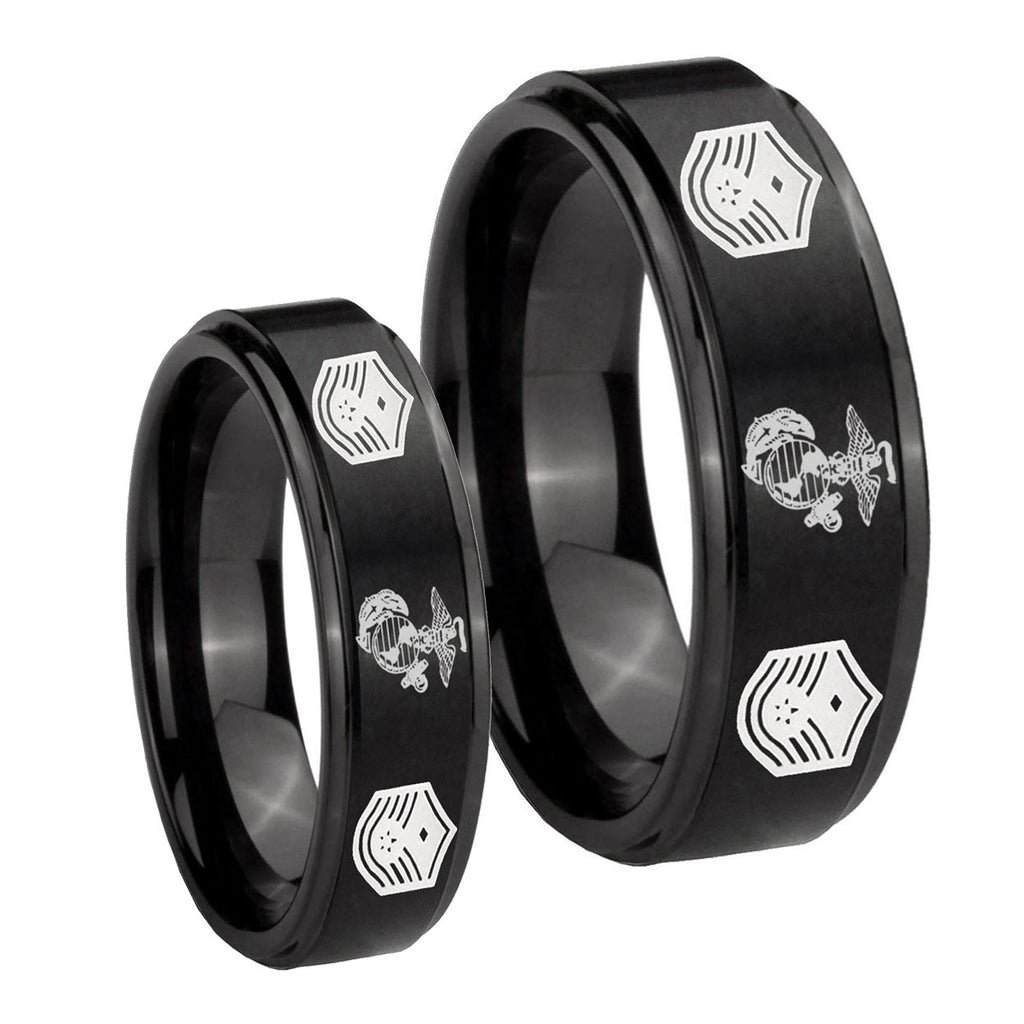 Marine Chief Master Sergeant Step Edges Brush Black Tungsten His and Hers