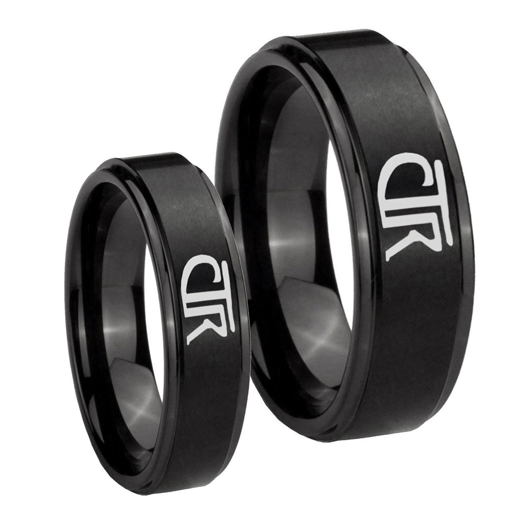CTR Step Edges Brush Black Tungsten Wedding Set Ring