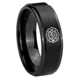 10mm Fire Department Step Edges Brush Black Tungsten Carbide Custom Mens Ring
