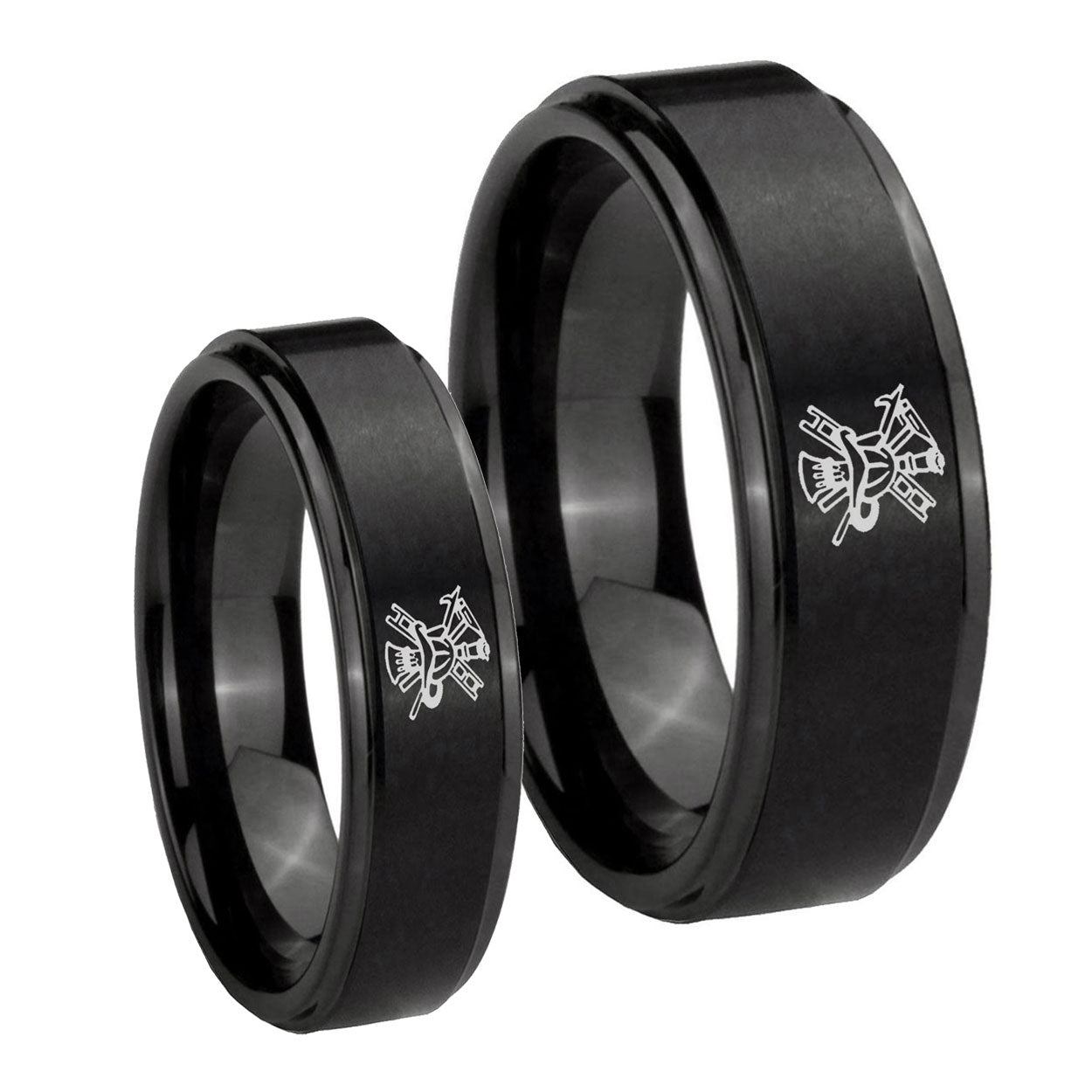Fireman Step Edges Brush Black Tungsten Promise Ring Set
