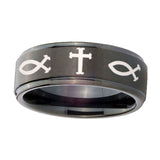 10mm-Fish-&-Cross-Step-Edges-Brush-Black-Tungsten-Carbide-Custom-Ring-for-Men