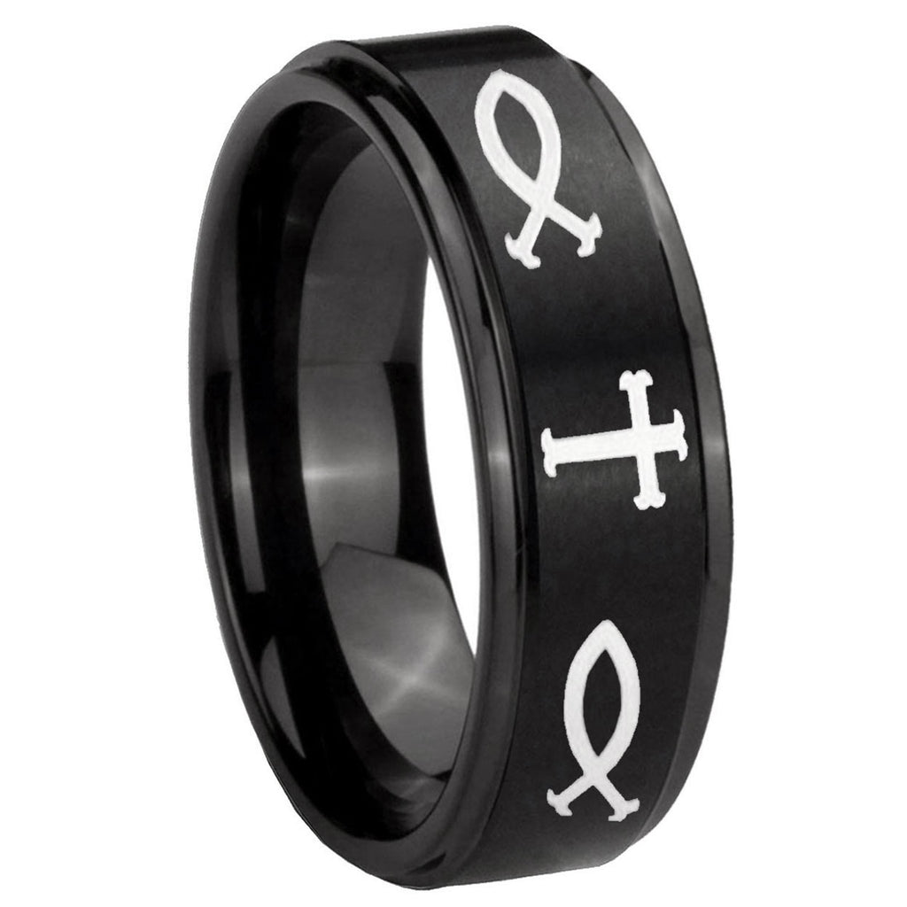 10mm Fish & Cross Step Edges Brush Black Tungsten Carbide Custom Ring for Men