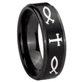 10mm Fish & Cross Step Edges Brush Black Tungsten Carbide Custom Ring for Men