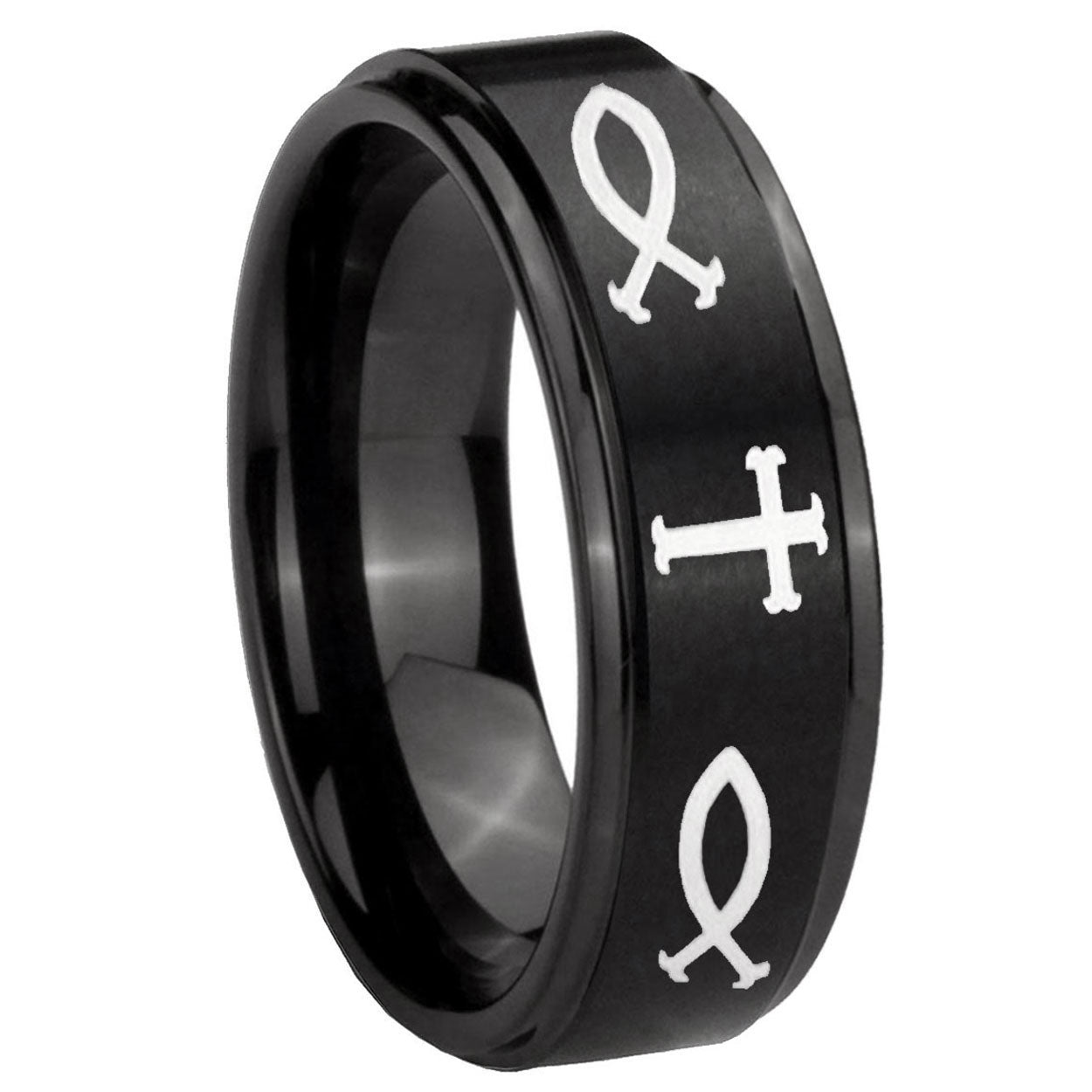 10mm Fish & Cross Step Edges Brush Black Tungsten Carbide Custom Ring for Men
