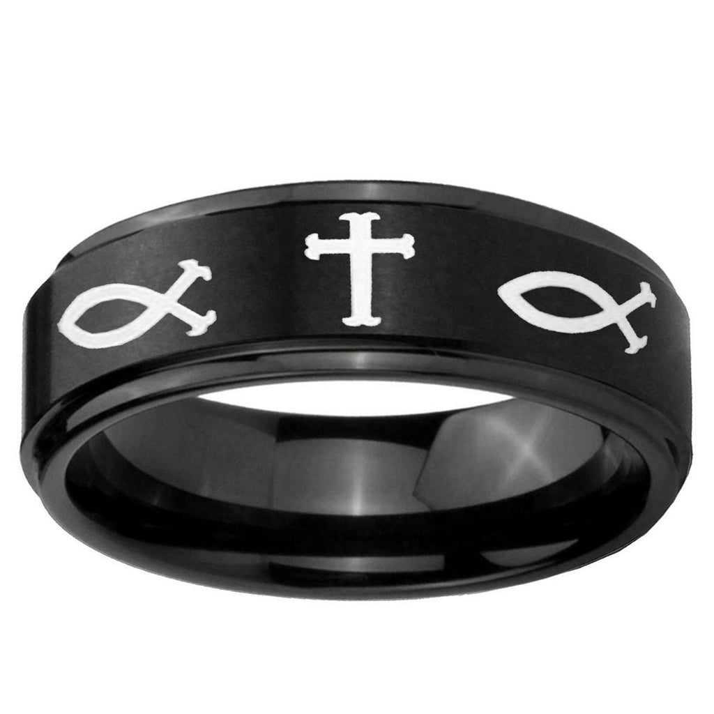 10mm Fish & Cross Step Edge Brush Black Tungsten Carbide Custom Ring for Men