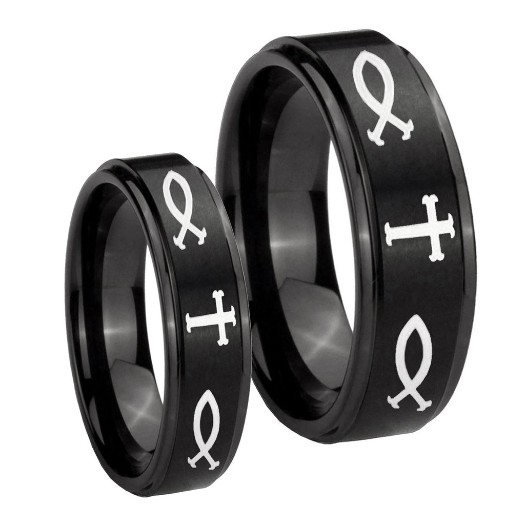 Fish & Cross Step Edges Brush Black Tungsten Bridal Set Ring