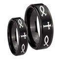 Fish & Cross Step Edges Brush Black Tungsten Bridal Set Ring