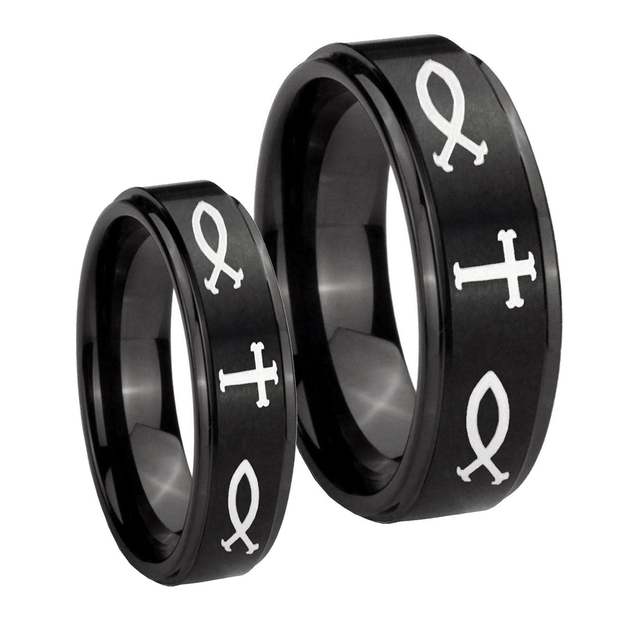 Fish & Cross Step Edges Brush Black Tungsten Bridal Set Ring
