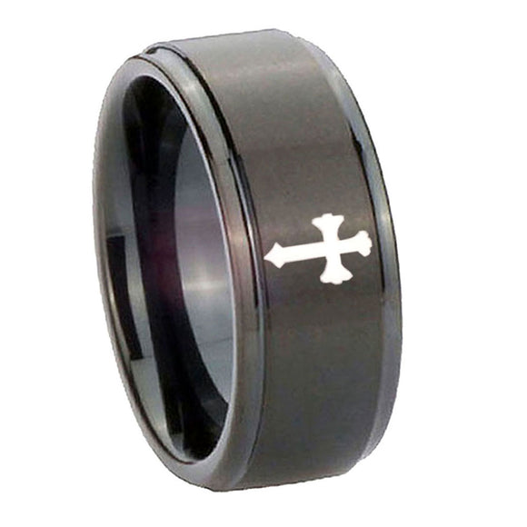 10mm-Flat-Christian-Cross-Step-Edges-Brush-Black-Tungsten-Engagement-Ring