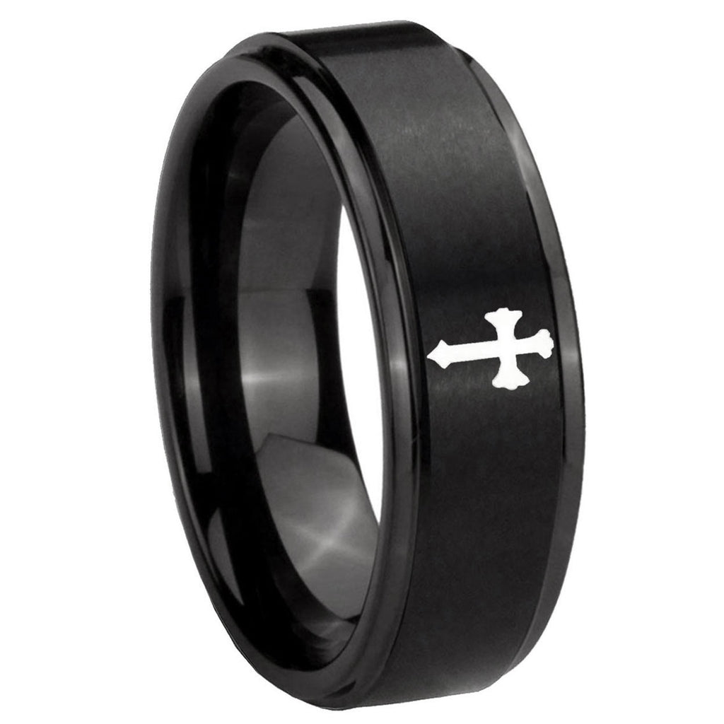 10mm Flat Christian Cross Step Edges Brush Black Tungsten Engagement Ring