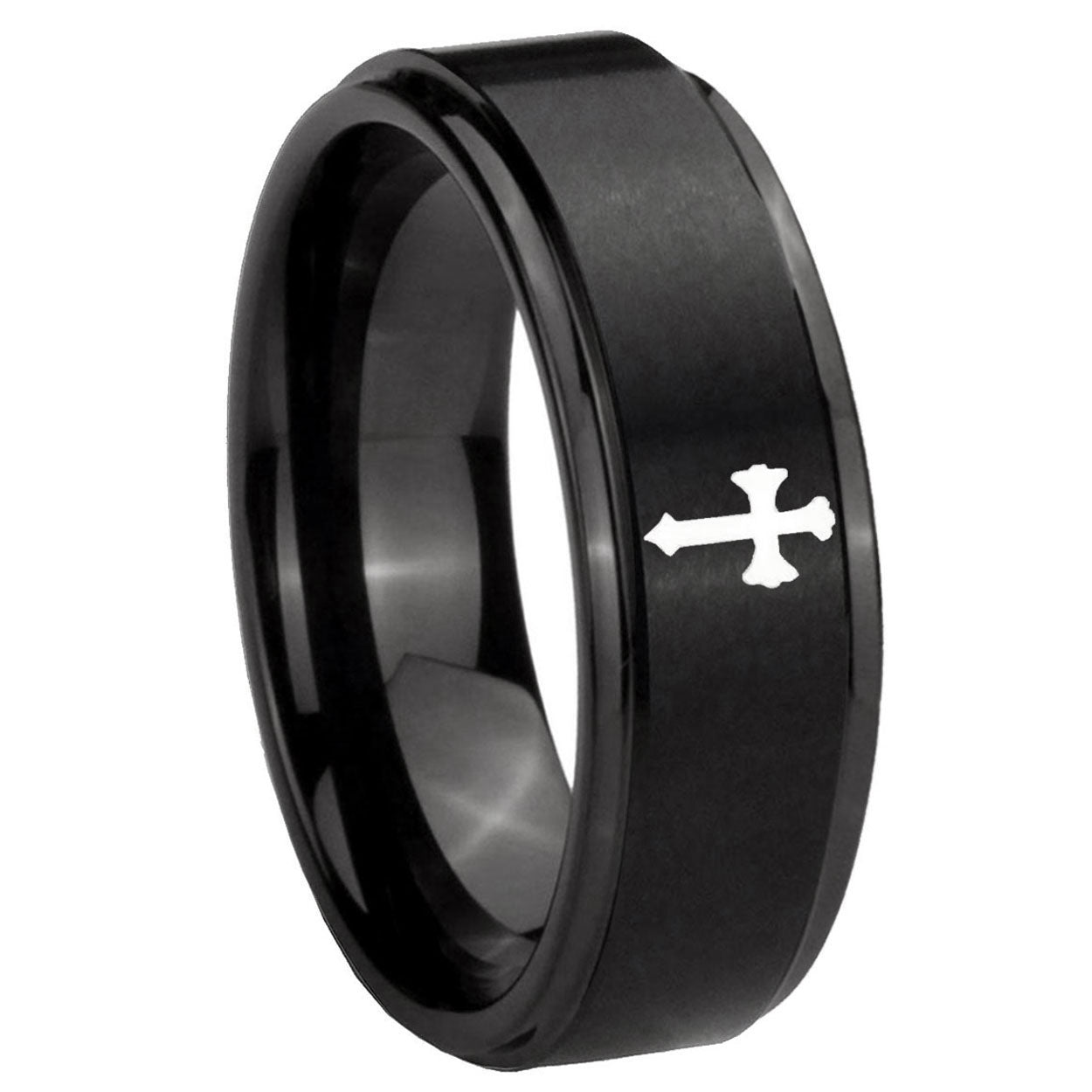 10mm Flat Christian Cross Step Edges Brush Black Tungsten Engagement Ring