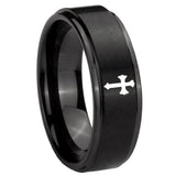 8mm Flat Christian Cross Step Edges Brush Black Tungsten Wedding Band Ring