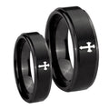 Flat Christian Cross Step Edges Brush Black Tungsten Bridal Ring Sets