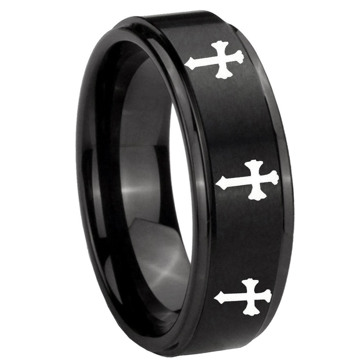 10mm Multiple Christian Cross Step Edges Brush Black Tungsten Engraved Ring