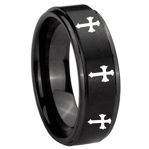 10mm Multiple Christian Cross Step Edges Brush Black Tungsten Engraved Ring