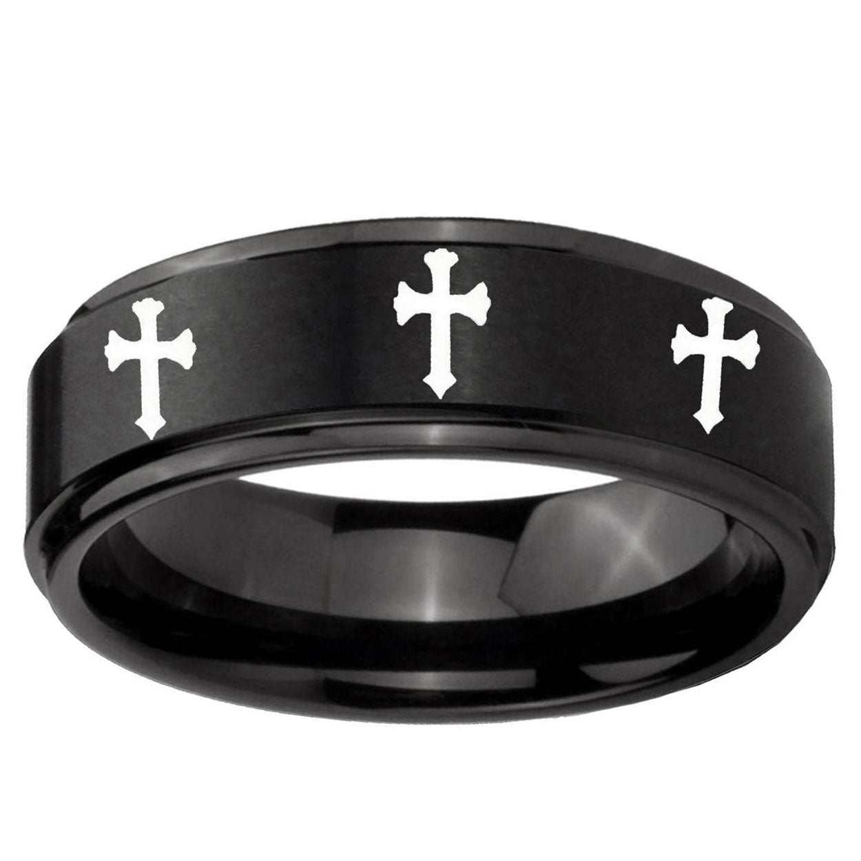 10mm Multiple Christian Cross Step Edge Brush Black Tungsten Engraved Ring