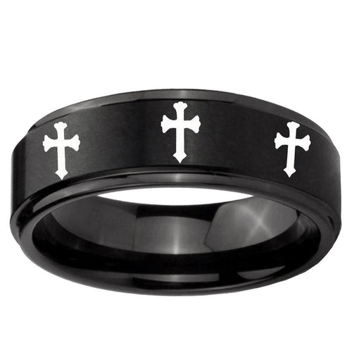 10mm Multiple Christian Cross Step Edge Brush Black Tungsten Engraved Ring