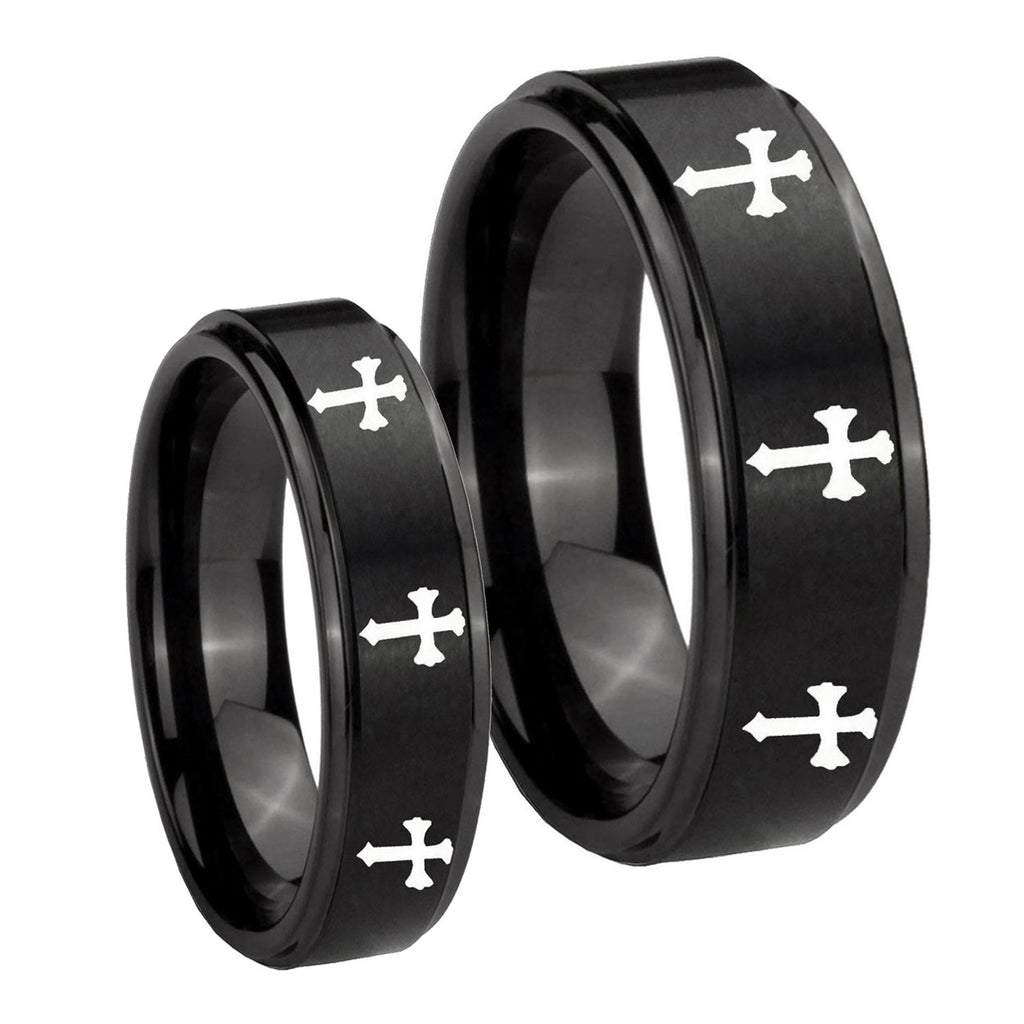 Multiple Christian Cross Step Edges Brush Black Tungsten Bridal Set Rings