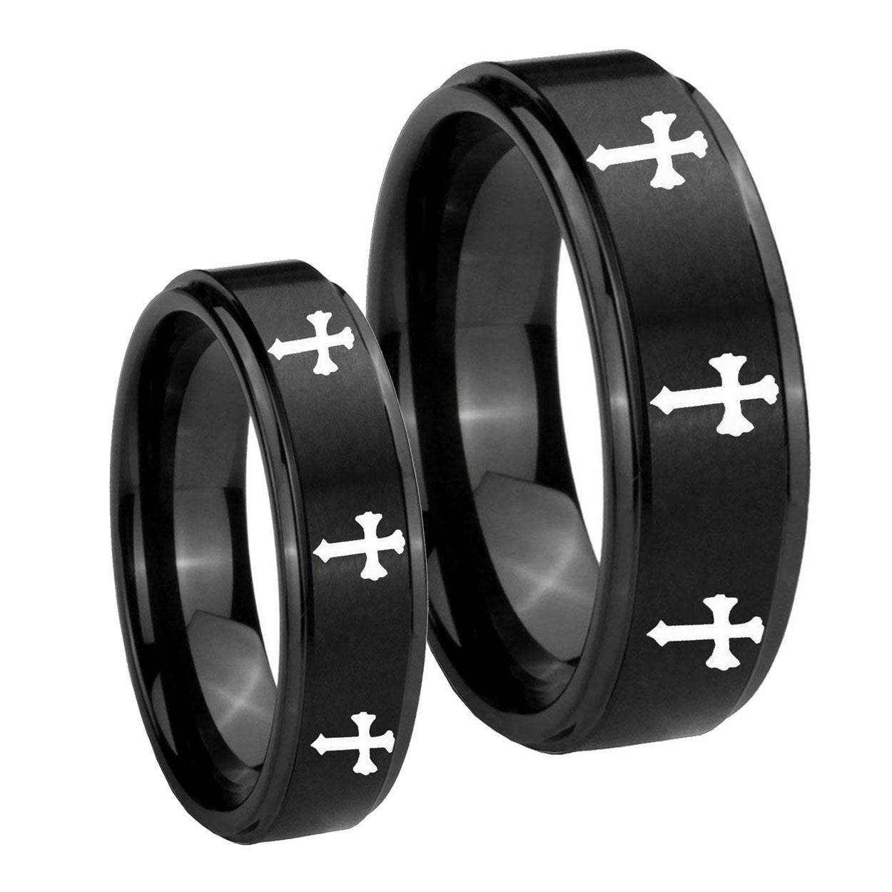 Multiple Christian Cross Step Edges Brush Black Tungsten Bridal Set Rings