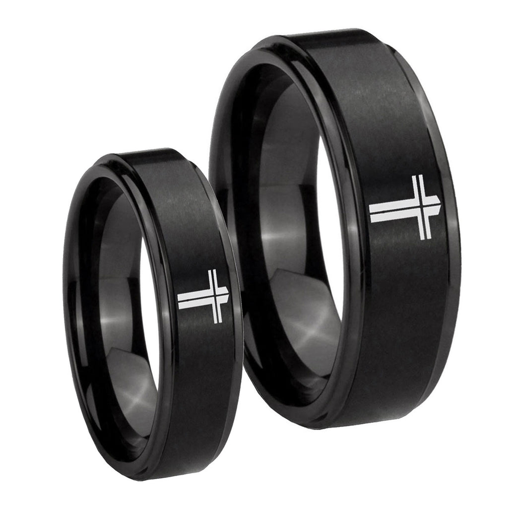 Flat Christian Cross Step Edges Brush Black Tungsten Couples Ring Set