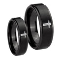 Flat Christian Cross Step Edges Brush Black Tungsten Couples Ring Set